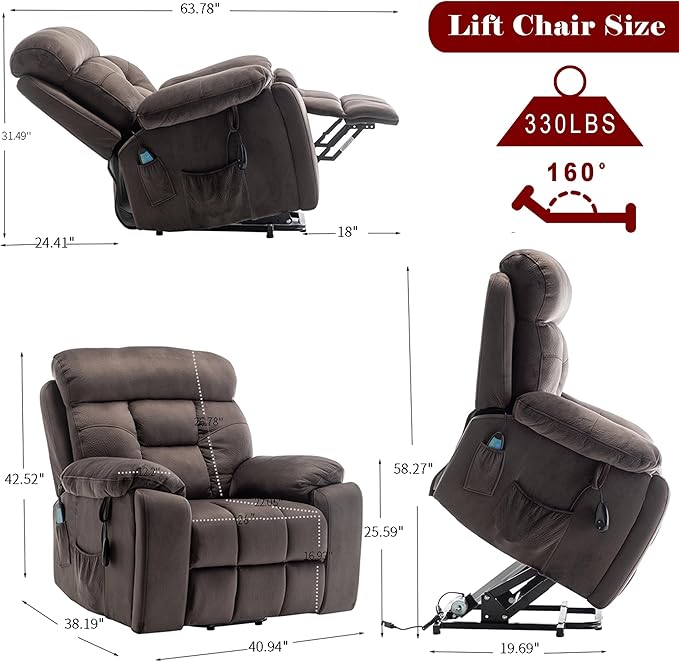 Power Lift Recliner Chair with Massage and Heating FunctionsVelvet Sofa with 2 Remote Controls and Two Cup HoldersRecline up to 160 DegreesSuitable for Living Room