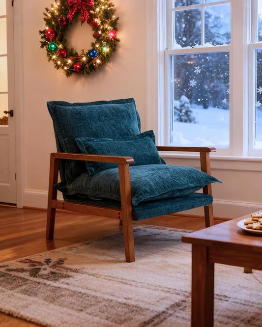 Karl home Midcentury Accent Chair for Living Room Chenille Upholstered Lounge Armchair with Lumbar Pillow Ruffle-Designed Cozy Reading Chair with Wood Legs Peacock Blue