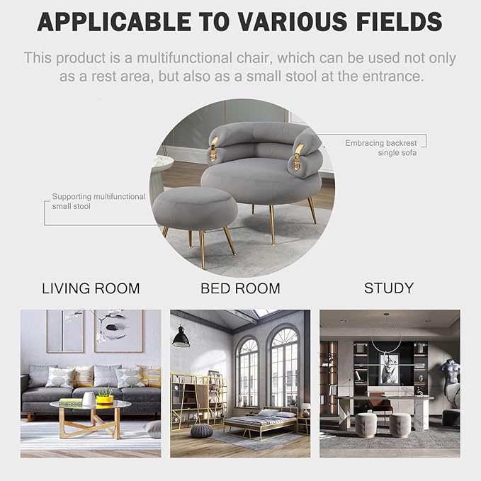 Single Sofa Chair Velvet Accent Chair with Ottoman Round Sofa Chair Modern Barrel Chair with Gold Buckle and Leg for Living Room Bedroom Waiting Room Small Spaces (Gray)