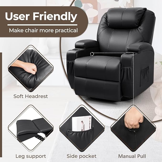 Furniwell Rocker Recliner Chair with Massage for Elderly Leather Adjustable 360°Swivel Rocking Sofa for Living Room with Remote Control Cup Holders (Black)