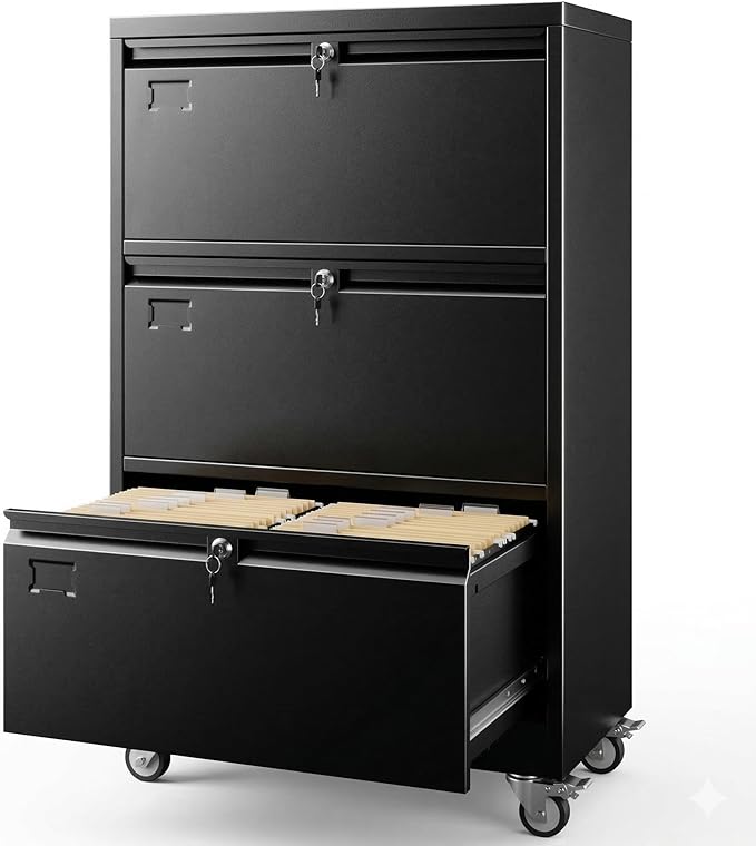 Aobabo 3 Drawer Lateral File Cabinet with Wheels Lockable Metal Filing Cabinet for Home Office Legal/Letter SizeBlackRequired Assembled15.87 D x 28.94 W x47.63 H
