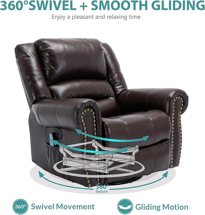 MEETWARM Massage Swivel Rocker Recliner with Heat and Vibration Manual Glider Rocking Recliner Chair 360°Swivel Lounge Reclining Chair with Remote Control/USB Ports for Living Room(Dark Brown)
