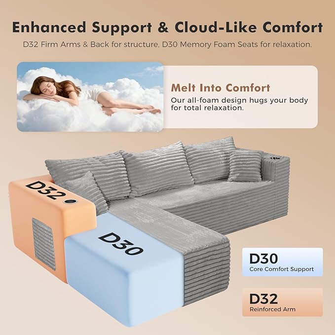 ELUCHANG Oversized 108” Boneless Couch Comfy Cloud Modular Sectional Sofa L-Shape Sofa with Chaise Memory Foam Upholstered Couch for Living Room Bedroom No Assembly Required Corduroy Grey