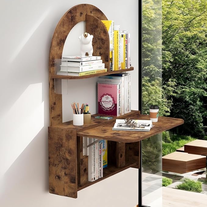Wall Mounted Drop-Leaf Table Floating Laptop Desk Folding Table with Shelves Multifunctional Computer Workstation Storage Compartments in Home Office for Space Saving (Rustic Brown)