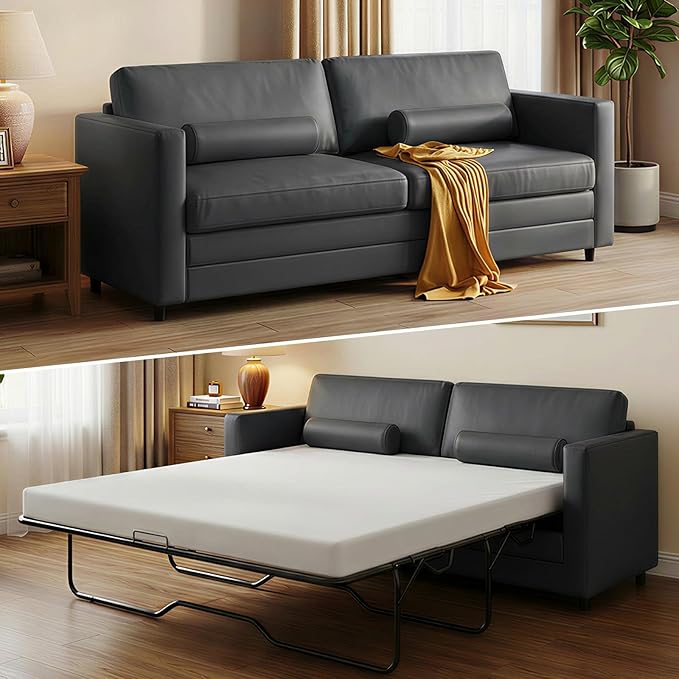 Mjkone Faux Leather Pull Out Sofa Bed 73 2-in-1 Loveseat Couch Bed with Memory Form Mattress Full Size Convertible Sleeper Sofa Couch for Living Room Office Apartment and Small Space Grey