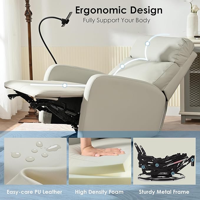 Swivel Rocker ReclinerNursery Glider ReclinerUpholstered Rocking Recliner Chair with Phone Holder PU Rocking Reclining Sofa for Living Room Gray (360°Swivel)