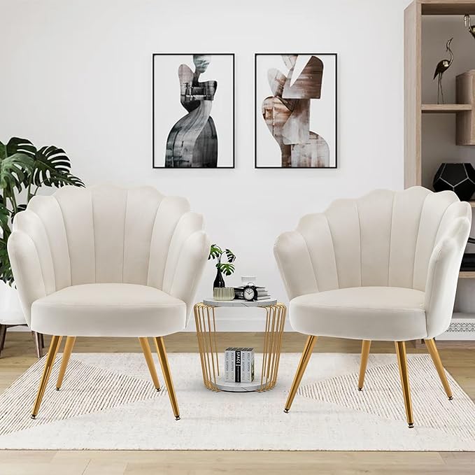 Alunaune Mid Century Velvet Living Room Chair Set of 2 Upholstered Vanity Accent for Makeup Room Modern Barrel Arm Guest Leisure Comfy for Bedroom-Ivory