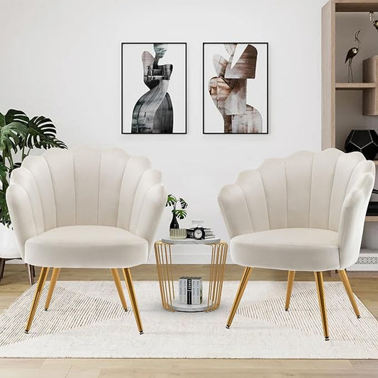 Alunaune Mid Century Velvet Living Room Chair Set of 2 Upholstered Vanity Accent for Makeup Room Modern Barrel Arm Guest Leisure Comfy for Bedroom-Ivory