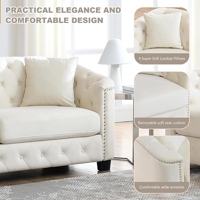 2 Piece Modern Chesterfield Velvet 77 3-Seater Sofa SetUpholstered Tufted Backrests with Nailhead Arms and 4 Cushions for Living Room Bedroom ApartmentBeige