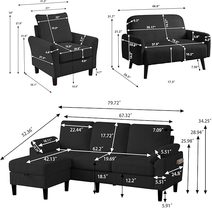 4 Pieces Corduroy Living Room Sets with Sofa Ottoman Loveseat and Chair