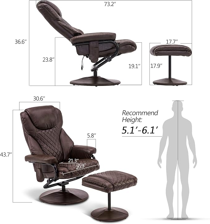 MCombo Recliner with Ottoman Reclining Chair with Massage 360 Swivel Living Room Chair Faux Leather 4901 (Dark Brown)