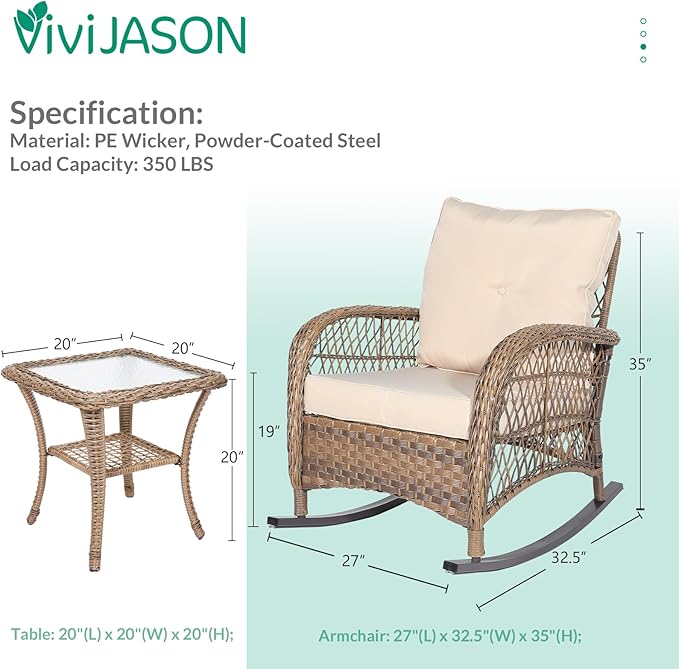 VIVIJASON 3-Piece Outdoor Conversation Bistro Set Patio Wicker Rocking Chairs Rattan Furniture Sets w/ 2 Rattan Chairs Cushions Glass Top Side Table for Garden Porch Backyard