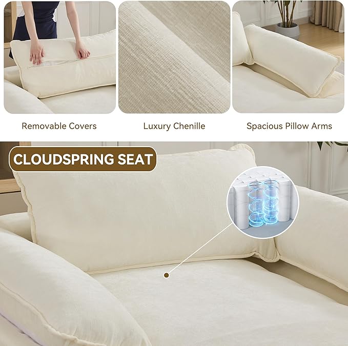 57 Oversized Boneless Chaise Lounge Chair with Ottoman Indoor Comfy Chenille Upholstered Sofa Bed with Armrest No Assembly Deep Seat Sleeper Armchairs Couch for Living Room Bedroom Beige