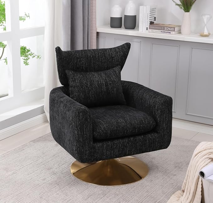 Swivel Accent Chair Armchair Classic Mid-Century 360 Degree Swivel Sofa ChairUpholstered Accent ChairTeddy Fabric Leisure Chair for Living RoomBedroom Office (Black + Linen)