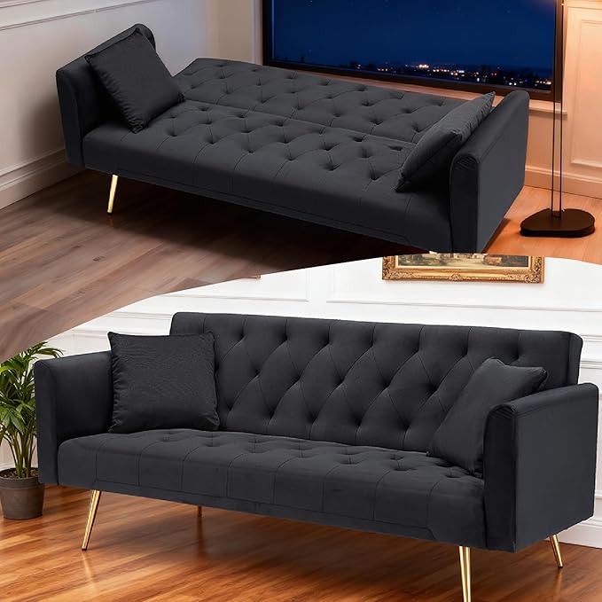 71 Velvet Futon Sofa Bed Convertible Sleeper Couch with 2 Pillows - Modern Loveseat Small Sofa 3-Angle Adjustable Backrest Golden Metal Legs for Living Room Bedroom Apartment Easy Assembly (Black)