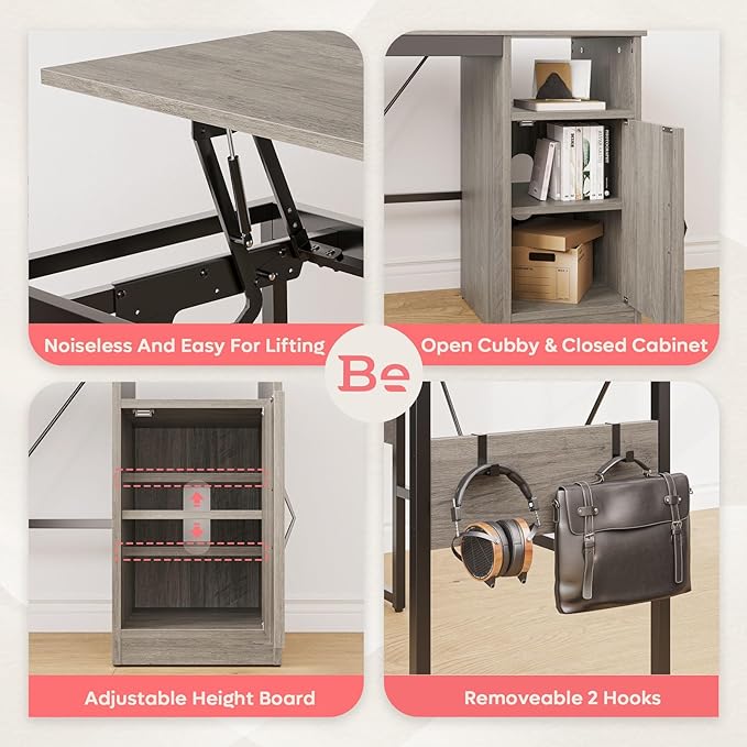 Bestier Versatile 60 Inch L-Shaped Standing Desk Lift Top Corner Desk Extending to 95 Inches with Storage Cabinet and Hooks for Home Office Washed Gray