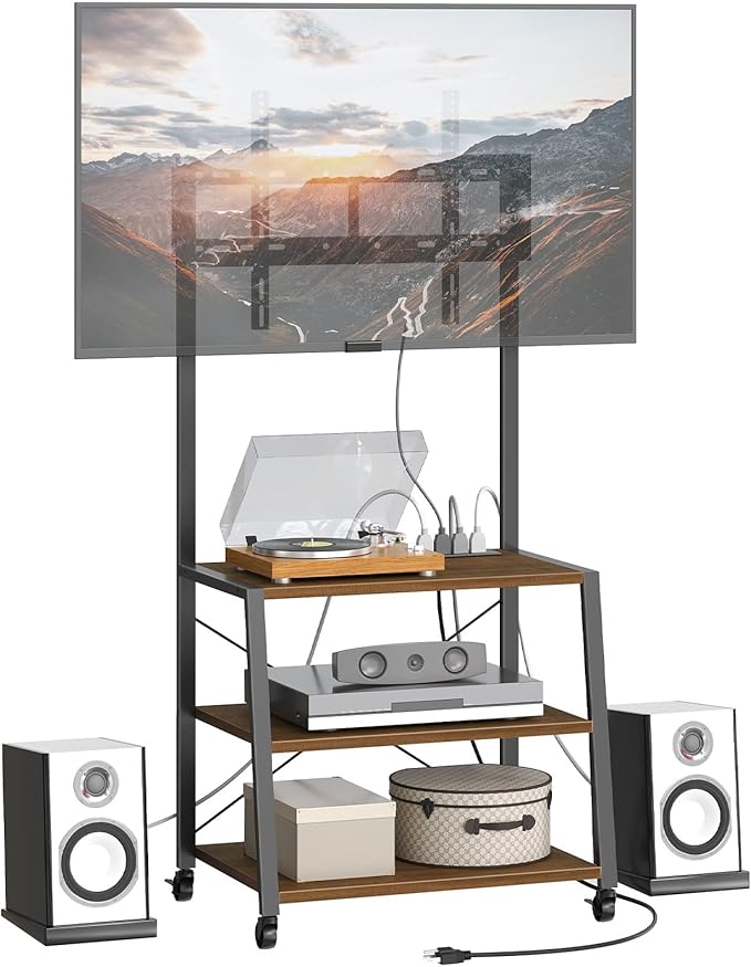 HOOBRO Rolling TV Stand with Mount and Power Outlet Up to 55 inch TV Corner Entertainment Center Small TV Stand with 3-Tier Storage Shelves for Living Room Bedroom Black and Walnut BH66UDS01
