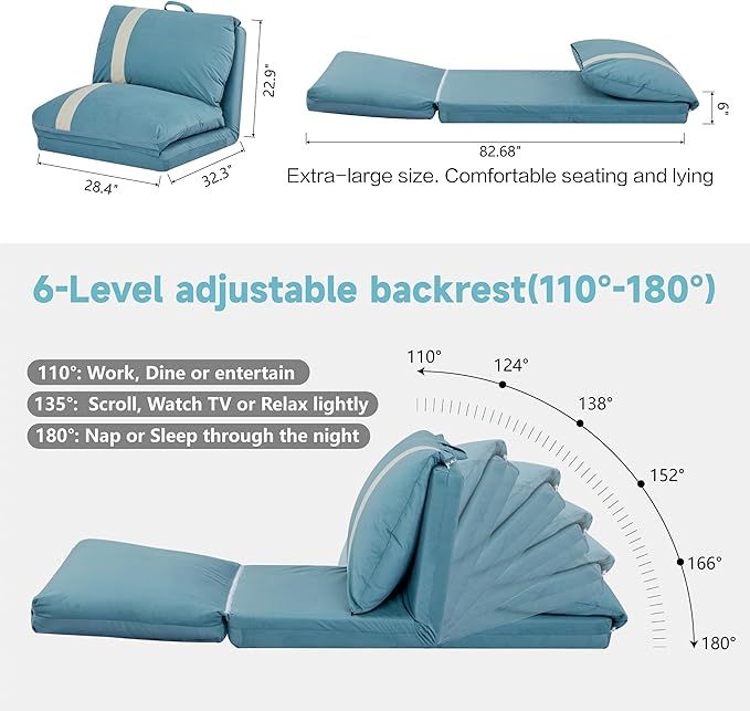 Folding Sofa Bed Set of 2 Convertible Floor Sofa with 6-Position Adjustable Backrest Metal Frame and Handle Futon Floor Couch for Dorm Bedroom Apartment Sky Blue