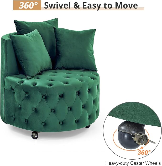 GNIXUU Swivel Barrel Accent Chair 30” Modern Velvet Round Swivel Chair with 3 Pillows and Wheels Comfy Tufted Single Club Sofa Lounge Chair for Living Room Bedroom(Green).
