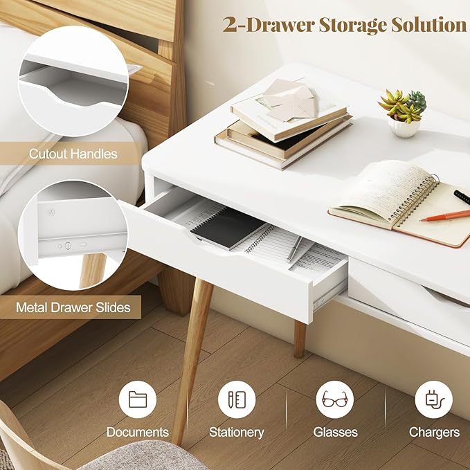 Giantex Mid-Century Desk with 2 Drawers 43.5 Writing Study Desk with Solid Rubber Wood Legs Home Office Computer Workstation PC Laptop Desk Modern Makeup Vanity Table for Bedroom (White &amp Natu