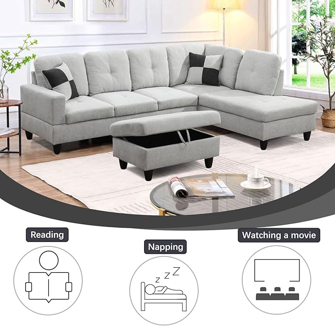 L-Shaped 3-Piece Flannel Sofa with Storage Ottoman Set Sectional Couch Sofa Set for Living Room Office Small Space Light Grey
