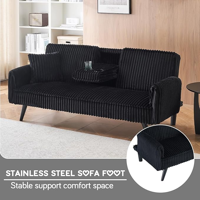 Convertible Folding Futon Sofa Bed with Metal Legs &amp 2 Cupholders Modern New Upholstered Couch Loveseat Sleeper Folding Couches Bed Removable Armrests for Small Spaces (Black New)