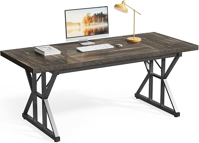 LITTLE TREE 70.8-Inch Large Executive Desk Extra Long Computer Office Desk Workstation Modern Simple Style Laptop Table Sturdy Wooden Writing Workstation for Home Black Oak