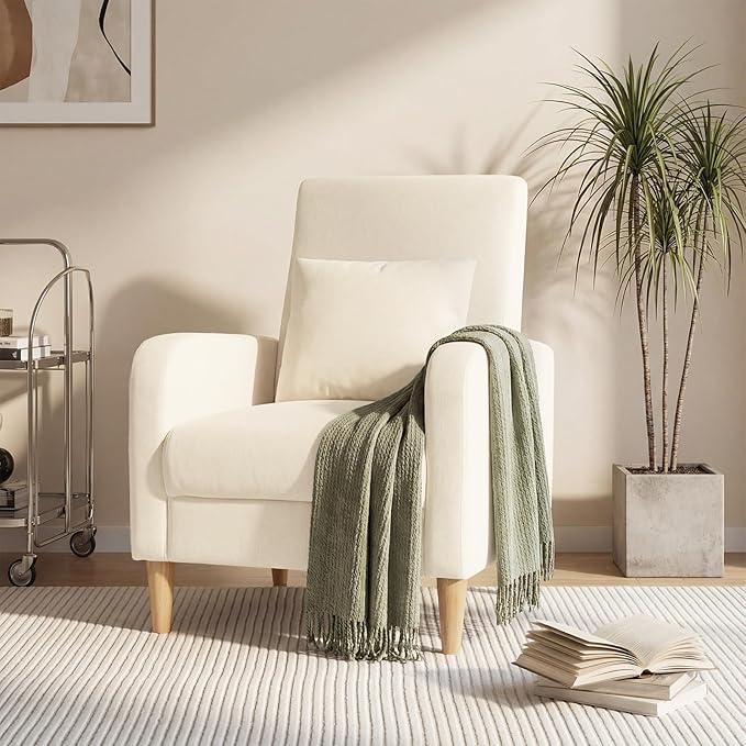 COLAMY Mid-Century Modern Upholstered Accent Chair with Back Pillow &amp Solid Wood Legs Fabric Cozy Armchair for Living Room Bedroom Reading Nook Apartment &amp Small Spaces Beige