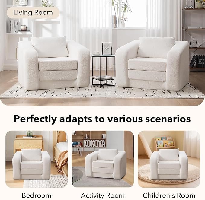 Convertible Sofa Bed Chenille Upholstered Pull Out Sofa Bed with Pillows 2-in-1 Sofa Chair with Minimalist Design Comfy Folding Mattress Couch for Apartment (Ivory Single Sofa Bed)