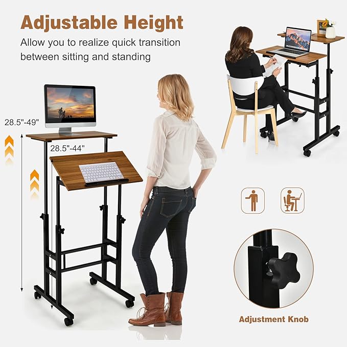COSTWAY Mobile Standing Desk Height Adjustable Rolling Laptop Cart w/Tilting Desktop for Standing or Sitting Lockable Casters Home Office Computer Workstation for Small Spaces (Brown)