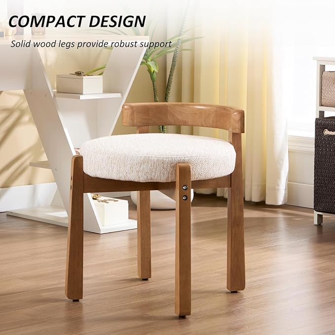 HEAH-YO Wood Vanity Chair with Back Chenille Upholstered Small Ottoman Footstool Mid-Century Modern Makeup Chair with Solid Wood Legs for Makeup Room Bedroom Living Room Beige