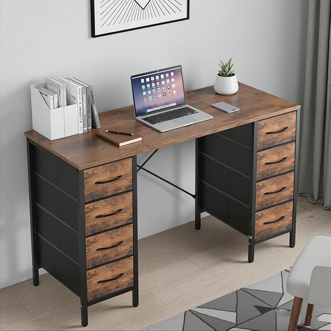 DUMOS 47 Inch Computer Desk with 8 Fabric Drawers Office Gaming Desk with Storage Writing Study Table with X-Shaped Reinforced Structure Rustic Brown