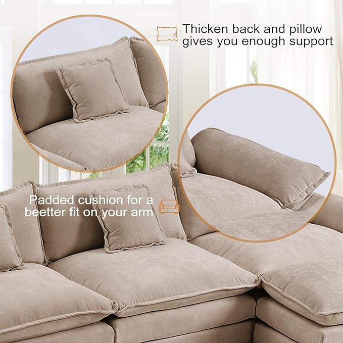 Furniliving 46‘’ Oversized Chair with Ottoman Luxury Chenille Single Sofa Upholstered Deep Seat Chaise Lounge with Pillows for Living Room Bedroom Apartment Camel