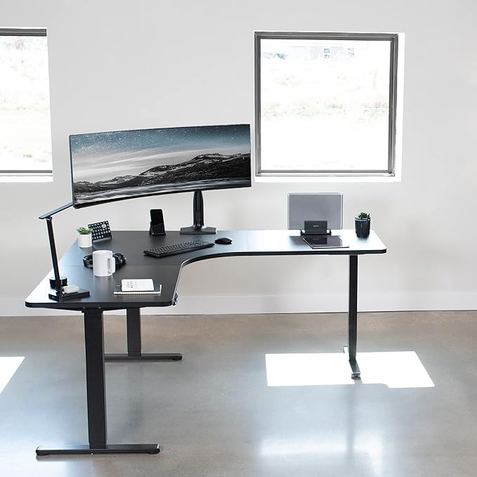VIVO Electric Height Adjustable 71 x 71 inch Curved Corner Stand Up Desk Black Table Top Black Frame Memory Controller L-Shaped Workstation E3C Series DESK-KIT-E3CB2