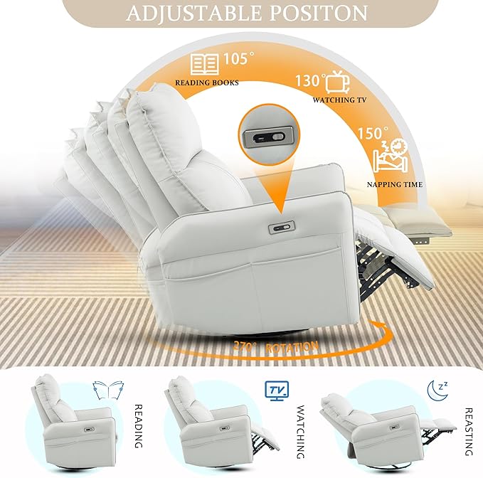 Power Swivel Rocker Recliner Chair for Nursery Upholstered 270° Swivel Glider Rocker Chair with USB Ports Small Power Recliners for Small Spaces Living Room (Light Grey)