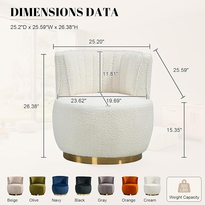 360 Degree Swivel Accent Chair Comfy Round Swivel Barrel Chair with Mental Base Upholstered Cozy Reading Armchairs Modern Lounge Sofa Chairs for Living Room Bedroom Club Office(Teddy Cream)