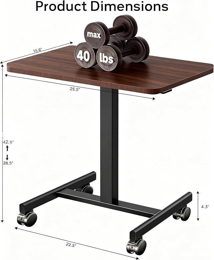 Mobile Standing DeskSmall Rolling DeskHeight Adjustable Rolling Cart with Lockable Wheels for Home Office Computer Workstationwith Hook Dark Walnut
