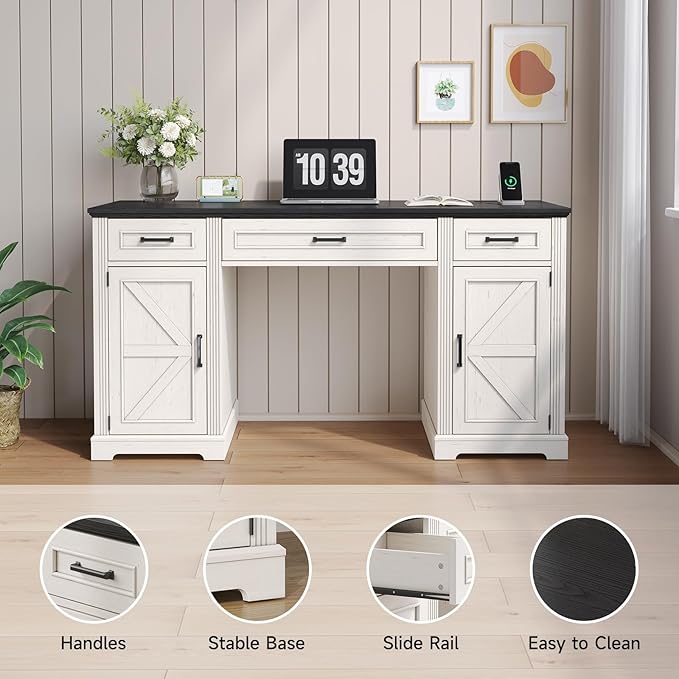 ONBRILL 59 inch Farmhouse Executive Desk with Drawers Home Office Desk with File Cabinet Outlets Storage Cabinet Keyboard Tray Wood Computer Desk for Work Study Writing (Off White &amp Black)
