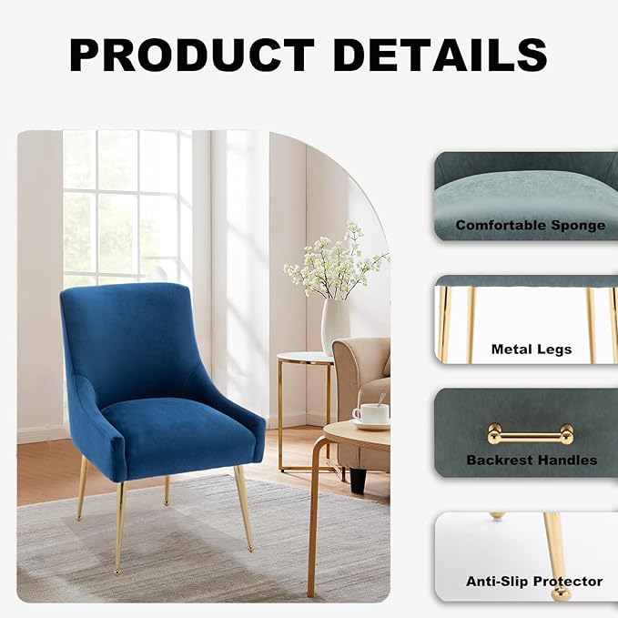 Dining Chairs Set of 6 Modern Velvet Dining Room Chairs with Gold Legs Upholstered Accent Chairs for Living Room/Restaurant/Study Room(Navy)