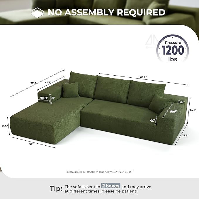 106 Cloud Sectional Couches for Living RoomL Shaped Boneless Couch with Comfy ChaiseModular Sofa with Deep Seat No Assembly RequiredGreen