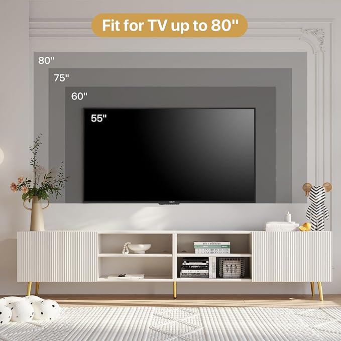 Modern 86in TV Stand for Living Room Fluted Design Entertainment Center with Adjustable ShelvesMedia TV Console Table with Storage for BedroomWhite