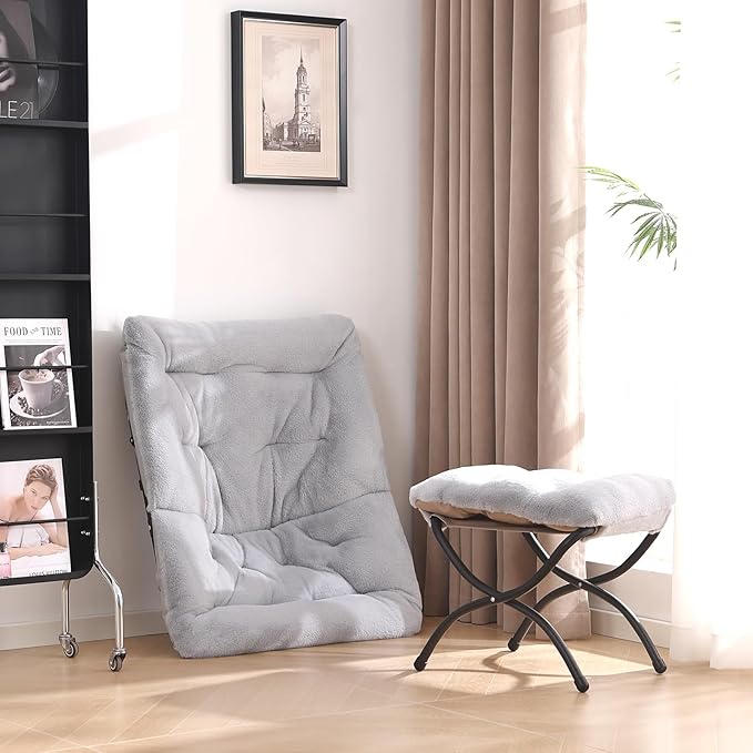 Comfy Saucer Chair with Ottoman Oversized Folding Faux Fur Chair Soft Furry Lazy Chair with Metal Frame Moon Chair Accent Chair for Bedroom Living Room Dorm Rooms Grey