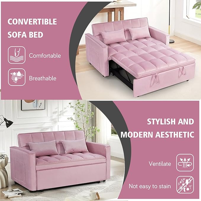 55 Convertible Full Size Sofa Bed 3 in 1 Velvet Sleeper Sofa with Pull-Out Bed Futon Couch with Adjustable Backrest and Side PocketModern Loveseat for Small SpacesLiving Room (Pink)