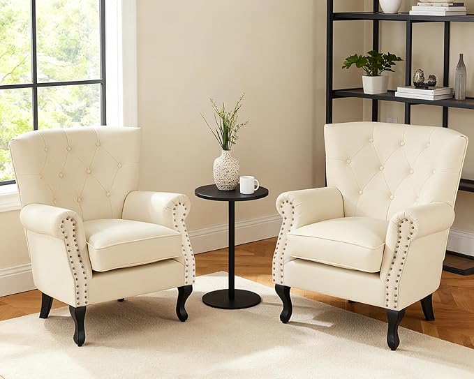 Modern Accent Chair Set of 2 PU Leather Armchair with Solid Wood Legs Sofa Chair for Living Room Bedroom Leisure Room Reading Room(Ivory White)