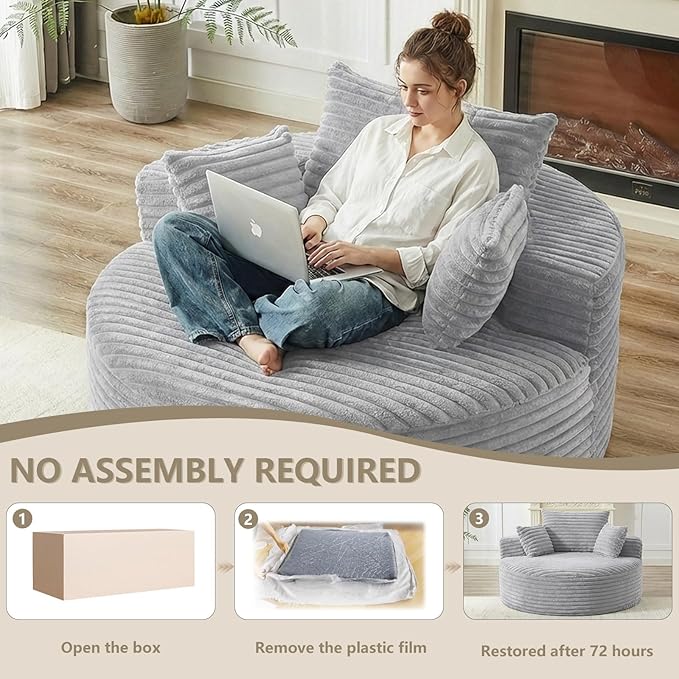 55 L Corduroy Sponge Single Sofa Oversized Round Chair Fluffy Modern Sleeper Chairs for Living Room Lounge and Projection Room Wide Armrest Lounge Chairs Armchair with Pillow Light Grey
