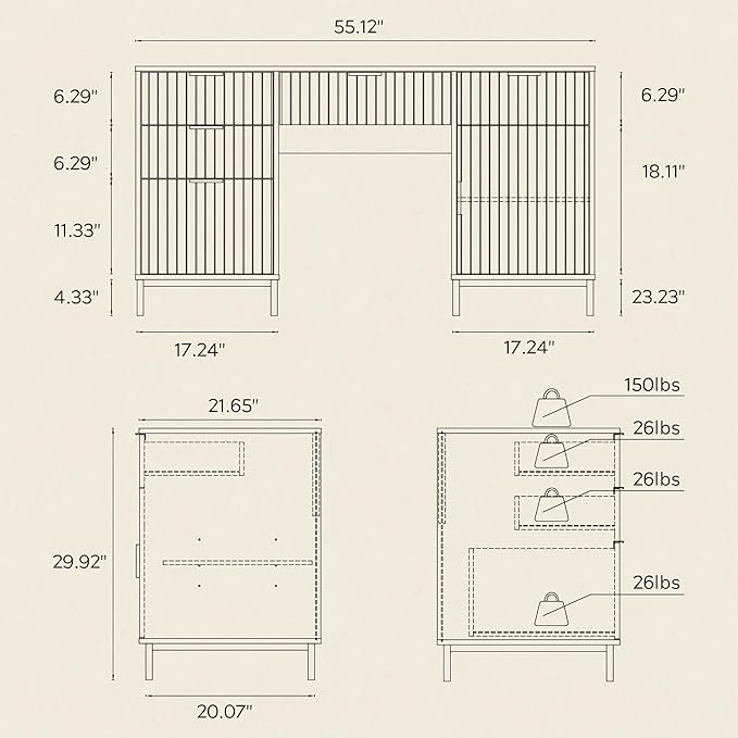 Fluted Executive Desk with File Drawer 55 Large Computer Desk with Storage and Charging Station Modern Wooden Home Office Desk for Workspace Writing Study Nautral Oak