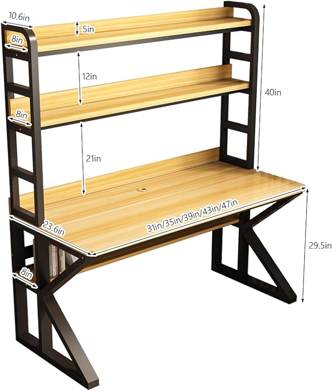 Computer Desk with Storage Shelves and Bookshelf Industrial Desk with Sturdy Metal Frame Solid Wood PC Table Workstation for Home Office(43 W x 69 H x 23.6 D Pink &amp White)