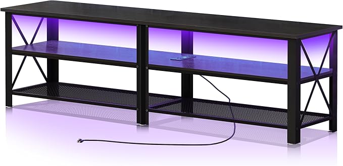 Clikuutory Modern Black 71 inch Metal TV Stand with LED Lights and Power Outlets for 50 60 65 70 75 80 Inch TVs 3 Tier Television Stands with Entertainment Center and Storage for Living Room Bedroom