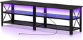 Clikuutory Modern Black 71 inch Metal TV Stand with LED Lights and Power Outlets for 50 60 65 70 75 80 Inch TVs 3 Tier Television Stands with Entertainment Center and Storage for Living Room Bedroom