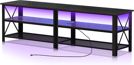 Clikuutory Modern Black 71 inch Metal TV Stand with LED Lights and Power Outlets for 50 60 65 70 75 80 Inch TVs 3 Tier Television Stands with Entertainment Center and Storage for Living Room Bedroom